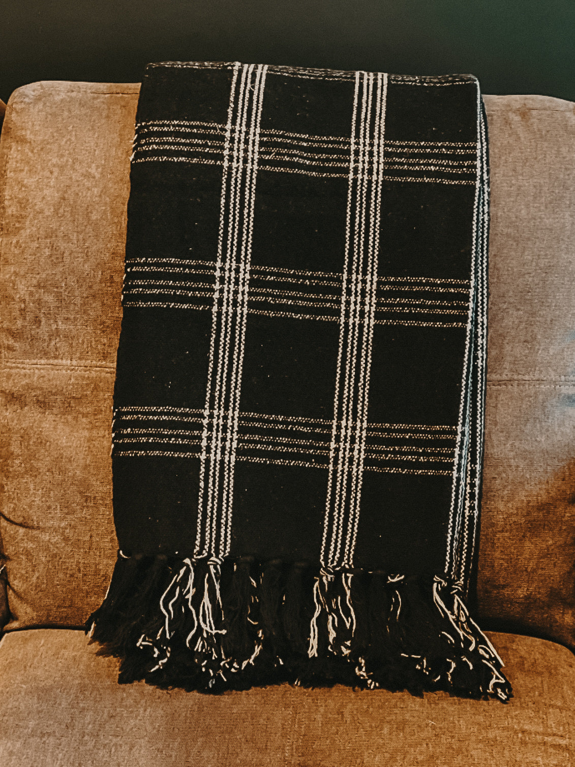 Plaid Black & Tan Fringed Woven Cotton Blend Throw