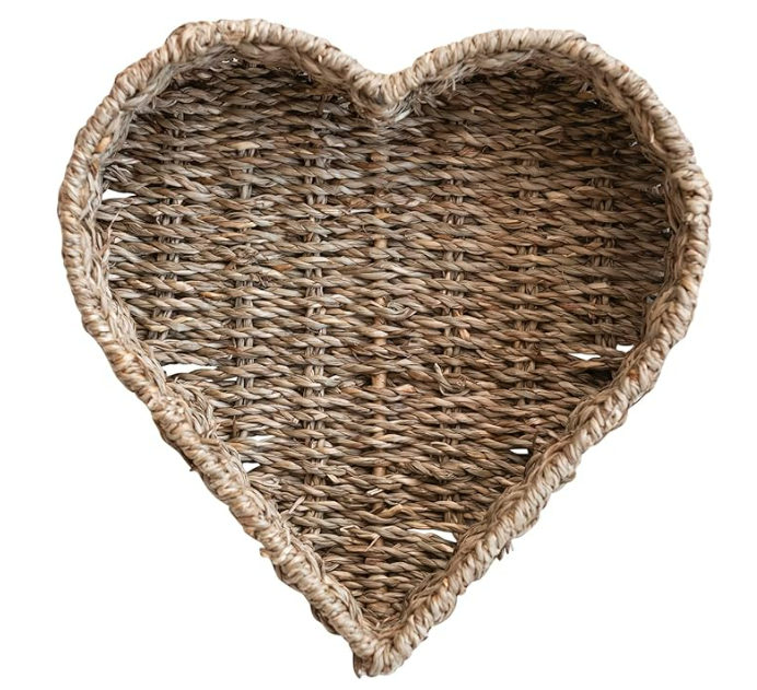 Decorative Hand-Woven Seagrass and Metal Heart-Shaped Basket