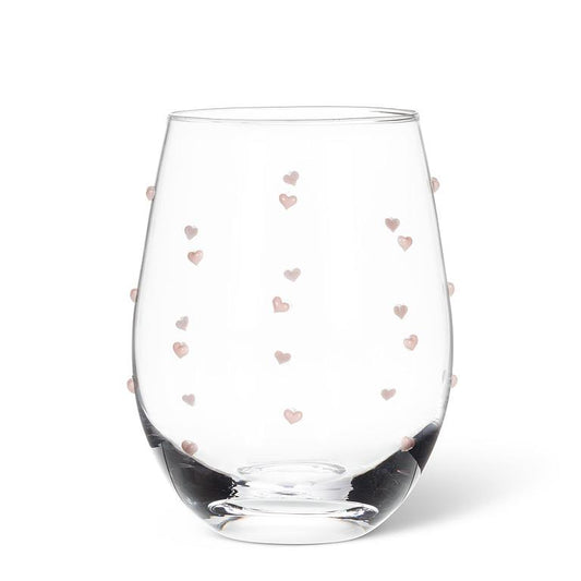 Stemless Wine Glass with Pink Hearts