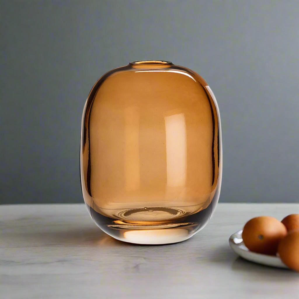 Barrel-Shaped Amber Glass Bud Vase