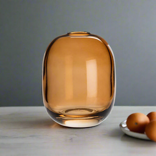 Barrel-Shaped Amber Glass Bud Vase