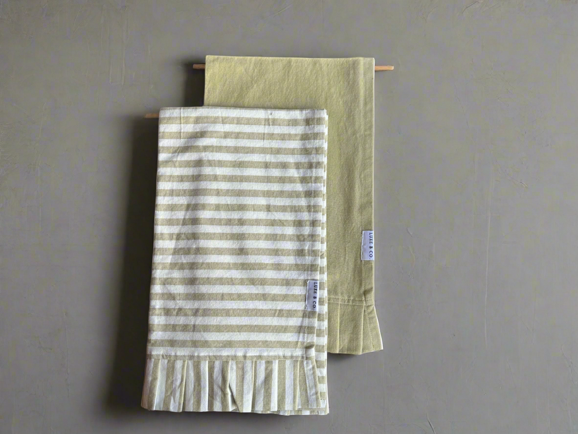Sage Green & White Stripes Ruffle Kitchen Dish Towel