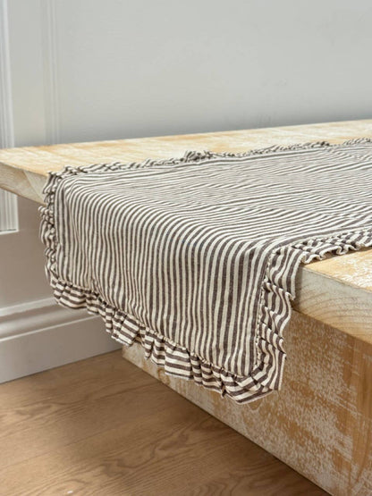 Dark Brown Stripe Ruffle Table Runner
