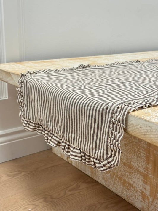 Dark Brown Stripe Ruffle Table Runner